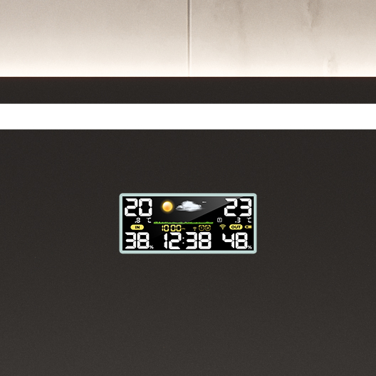The S6 weather station will keep you up to date with the current time, temperature and weather in your location. No more of the eternal question of how to dress! Size on mirror surface: 13 cm x 5 cm. Indicates the indoor temperature and the outdoor temperature (in Celsius or Fahrenheit). The S6 weather station is illuminated regardless of the mirror lighting. This product is not available in PremiumLine mirror. The station requires an additional permanent power supply.