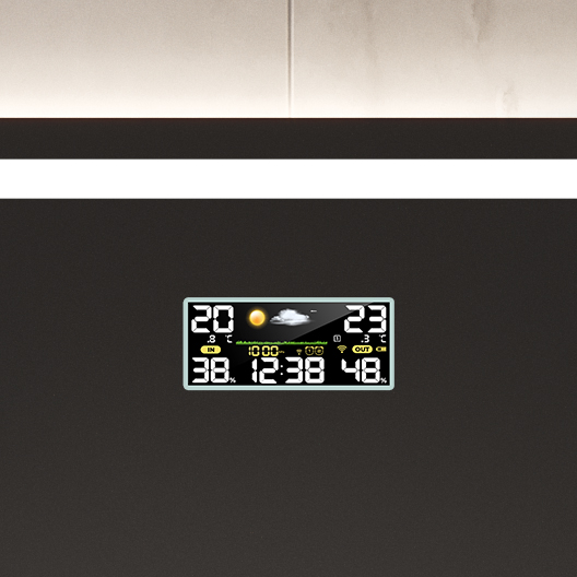 The S6 weather station will keep you up to date with the current time, temperature and weather in your location. No more of the eternal question of how to dress! Size on mirror surface: 13 cm x 5 cm. Indicates the indoor temperature and the outdoor temperature (in Celsius or Fahrenheit). The S6 weather station is illuminated regardless of the mirror lighting. This product is not available in PremiumLine mirror. The station requires an additional permanent power supply.
