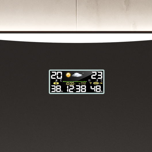 The S6 weather station will keep you up to date with the current time, temperature and weather in your location. No more of the eternal question of how to dress! Size on mirror surface: 13 cm x 5 cm. Indicates the indoor temperature and the outdoor temperature (in Celsius or Fahrenheit). The S6 weather station is illuminated regardless of the mirror lighting. This product is not available in PremiumLine mirror. The station requires an additional permanent power supply.