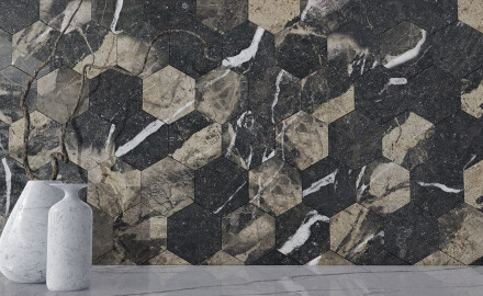 Tíle clochpháirce poircealláin mhórfhoirméideach 120x280 cm, dubh snasta le féitheanna óir, ceartaithe, A4H195 Pierre Black