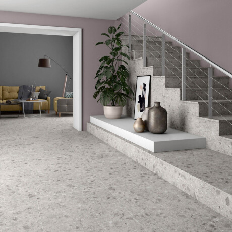 Tíleanna urláir chloiche poircealláin ghloinithe, 60x120, Liath (mat), ceartaithe, A4H97, Terrazzo #10