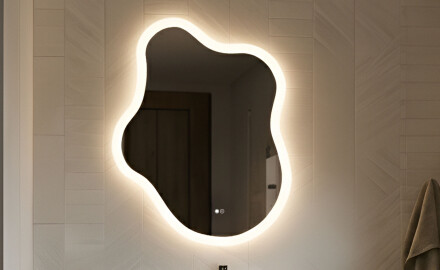 Irregular‑shaped mirror with lighting, 74×94 cm, dual color, touch switch, heating mat