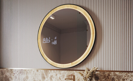 Black round LED mirror in a wooden frame
