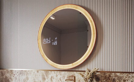 Round LED mirror in an oak frame
