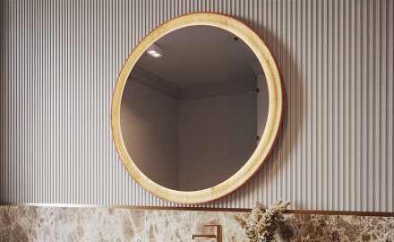 Round LED mirror in an oak frame