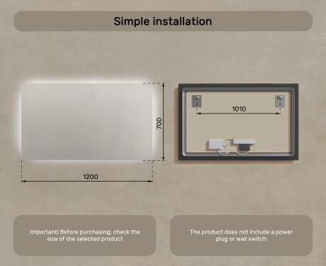 Designer Backlit LED Bathroom Mirror 120x70cm with cool LED color 7000K, warm color 3000K, or neutral color 4500K #7