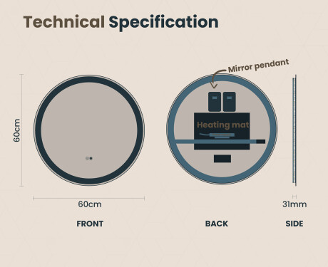 Round Backlit LED Bathroom Mirror 60cm with Dual color, Touch Switch, Demister - L76 #6