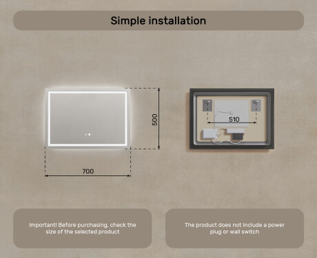 Designer Backlit LED Bathroom Mirror 70x50cm with Dual color, Touch Switch, Demister - L49 #8