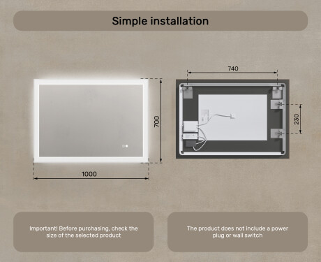 Lighted rectangular mirrors for the bathroom 100x70cm with Dual color, Touch Switch, Demister #8