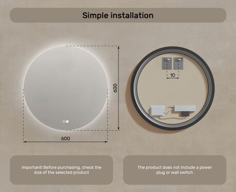 Round mirror with lighting 60 cm, dual color, touch switch, heating pad #7