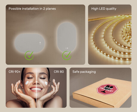 Oval mirror with LED lighting 80x50/50x80 cm, dual color, touch switch, heating pad #6