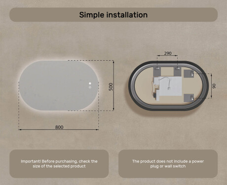 Illuminated bathroom mirror, 80×50 cm, dual color, touch switch, heating mat #8