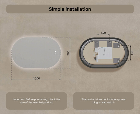 Illuminated bathroom mirror, 120×70 cm, dual color, touch switch, heating mat #8