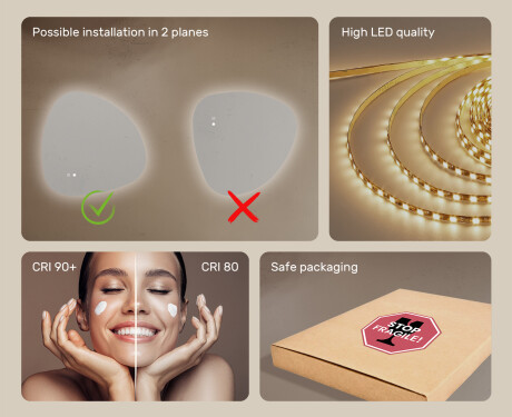 Irregular‑shaped mirror with lighting, 74×74 cm, dual color, touch switch, heating mat #6