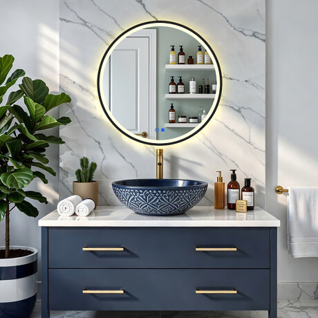 Round LED-lit mirror in a black aluminum frame #4