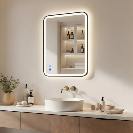 Rounded mirror with LED backlighting in a black aluminum frame #1