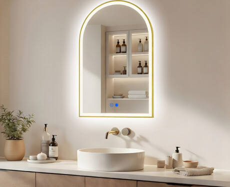 Irregular LED mirror in a gold aluminum frame