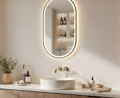 Oval LED-backlit mirror in a black aluminum frame