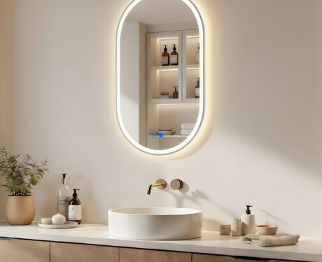 Oval LED-backlit mirror – 50x80/50x100 cm in a silver aluminum frame