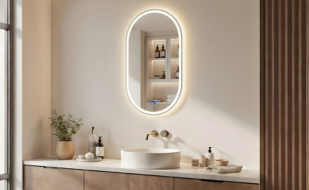 Oval LED-backlit mirror – 50x80/50x100 cm in a silver aluminum frame