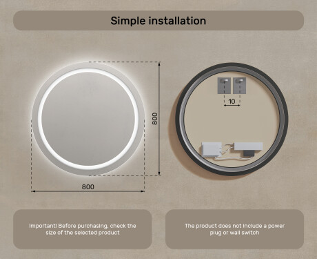 Round Backlit LED Bathroom Mirror 80cm with cool LED color 7000K, warm color 3000K, or neutral color 4500K #7