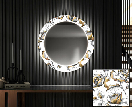 Round Backlit Decorative Mirror LED For The Hallway - Golden Flowers