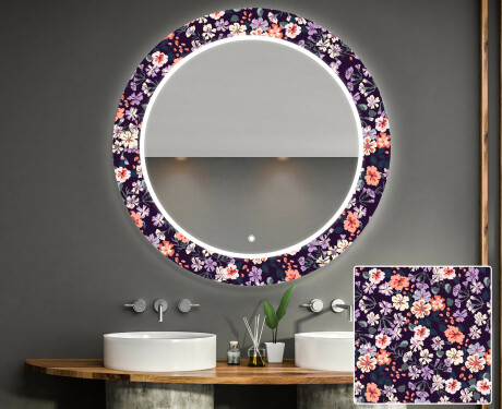 Round Decorative Mirror With LED Lighting For The Bathroom - Elegant Flowers