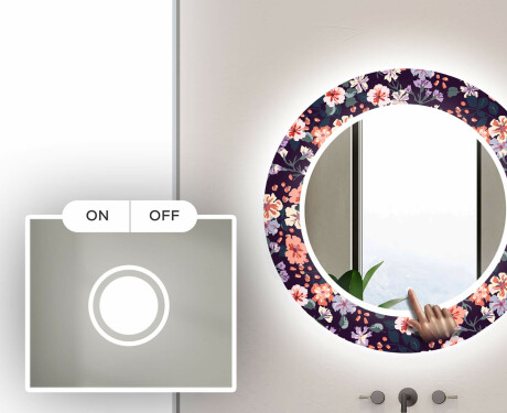 Round Decorative Mirror With LED Lighting For The Bathroom - Elegant Flowers #3