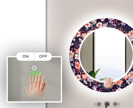 Round Decorative Mirror With LED Lighting For The Bathroom - Elegant Flowers #4