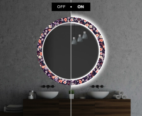 Round Decorative Mirror With LED Lighting For The Bathroom - Elegant Flowers #6