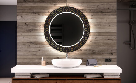 Round Decorative Mirror With LED Lighting For The Bathroom - Golden Lines