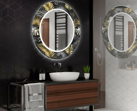 Round Decorative Mirror With LED Lighting For The Bathroom - Goldy Palm #2