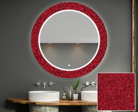 Round Decorative Mirror With LED Lighting For The Bathroom - Red Mosaic #1