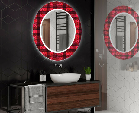Round Decorative Mirror With LED Lighting For The Bathroom - Red Mosaic #2