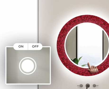 Round Decorative Mirror With LED Lighting For The Bathroom - Red Mosaic #3