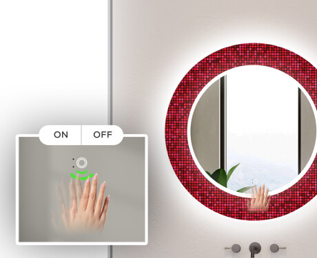 Round Decorative Mirror With LED Lighting For The Bathroom - Red Mosaic #4