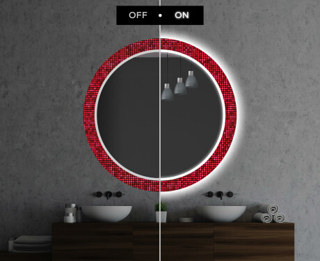 Round Decorative Mirror With LED Lighting For The Bathroom - Red Mosaic #6
