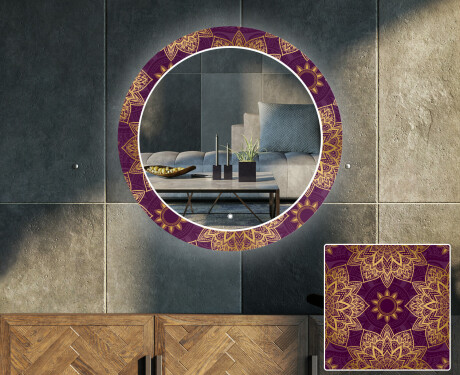 Round Backlit Decorative Mirror LED For The Living Room - Gold Mandala