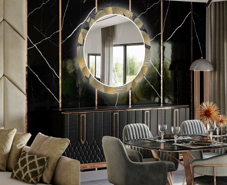 Round Backlit Decorative Mirror LED For The Dining Room - Golden Leaves #2