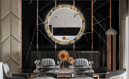 Round Backlit Decorative Mirror LED For The Dining Room - Golden Leaves