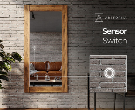 Vertical oak wooden illuminated mirror with rectangular frame and LED light L225 #6