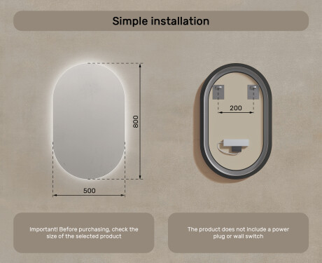 Backlit LED Bathroom Mirror 50x80cm with cool LED color 7000K, warm color 3000K, or neutral color 4500K #7