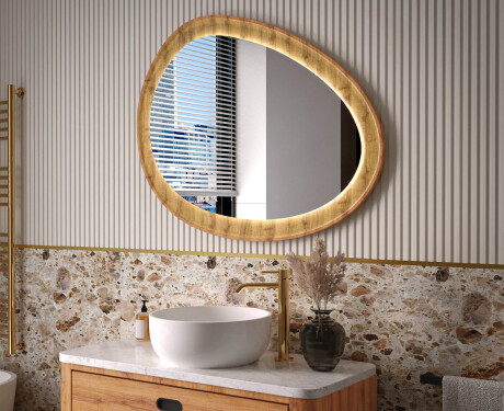 Irregular mirror in an oak frame with LED lighting