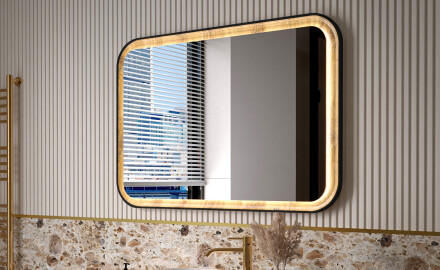 Rounded mirror in an oak frame with LED lighting