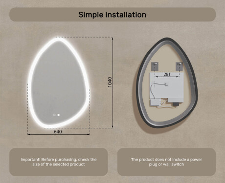 Irregular‑shaped mirror with lighting, 64×94 cm, dual color, touch switch, heating mat #8
