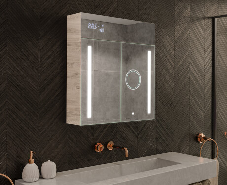 Bathroom cabinet with LED mirror L02 Emily 66.5 x 72 cm in Oslo Oak color