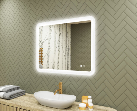 Rounded bathroom mirror with LED lighting, dual color, touch switch, heating mat