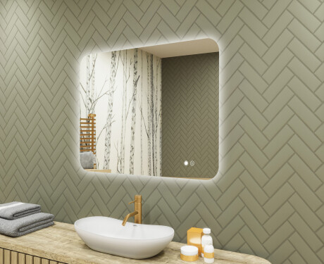 Rounded bathroom mirror with LED lighting, dual color, touch switch, heating mat