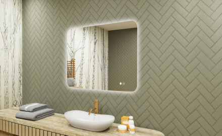 Rounded bathroom mirror with LED lighting, dual color, touch switch, heating mat